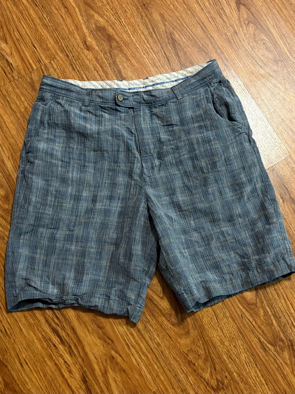 Tommy Bahama Men's Plaid Linen Silk Shorts Pockets Blue, Gray, Brown Size 36